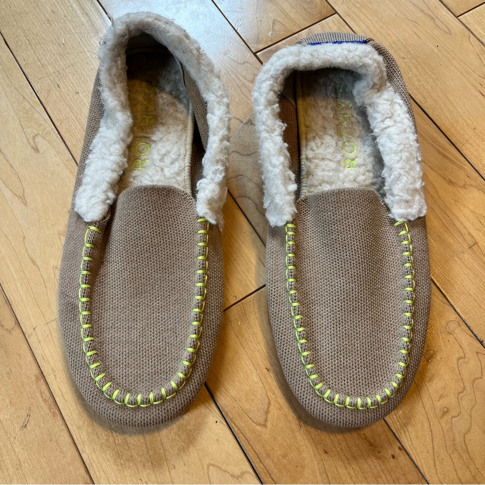 Rothy’s The Slipper Shearling-Lined Tan Slippers neon green stitching size 9 - Picture 1 of 8